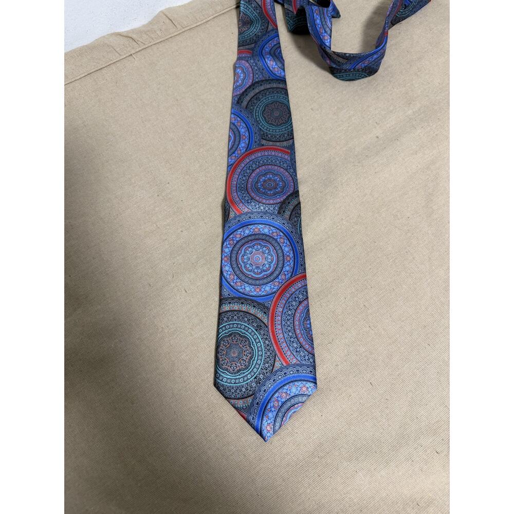 Ermenegildo Zegna Tie Mens One Size Blue Red Geometric Medallion Silk Made Italy - Picture 5 of 7